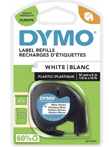 DYMO Letratag plasttejp, svart på vit, 12 mm x 4 m, självhäftande